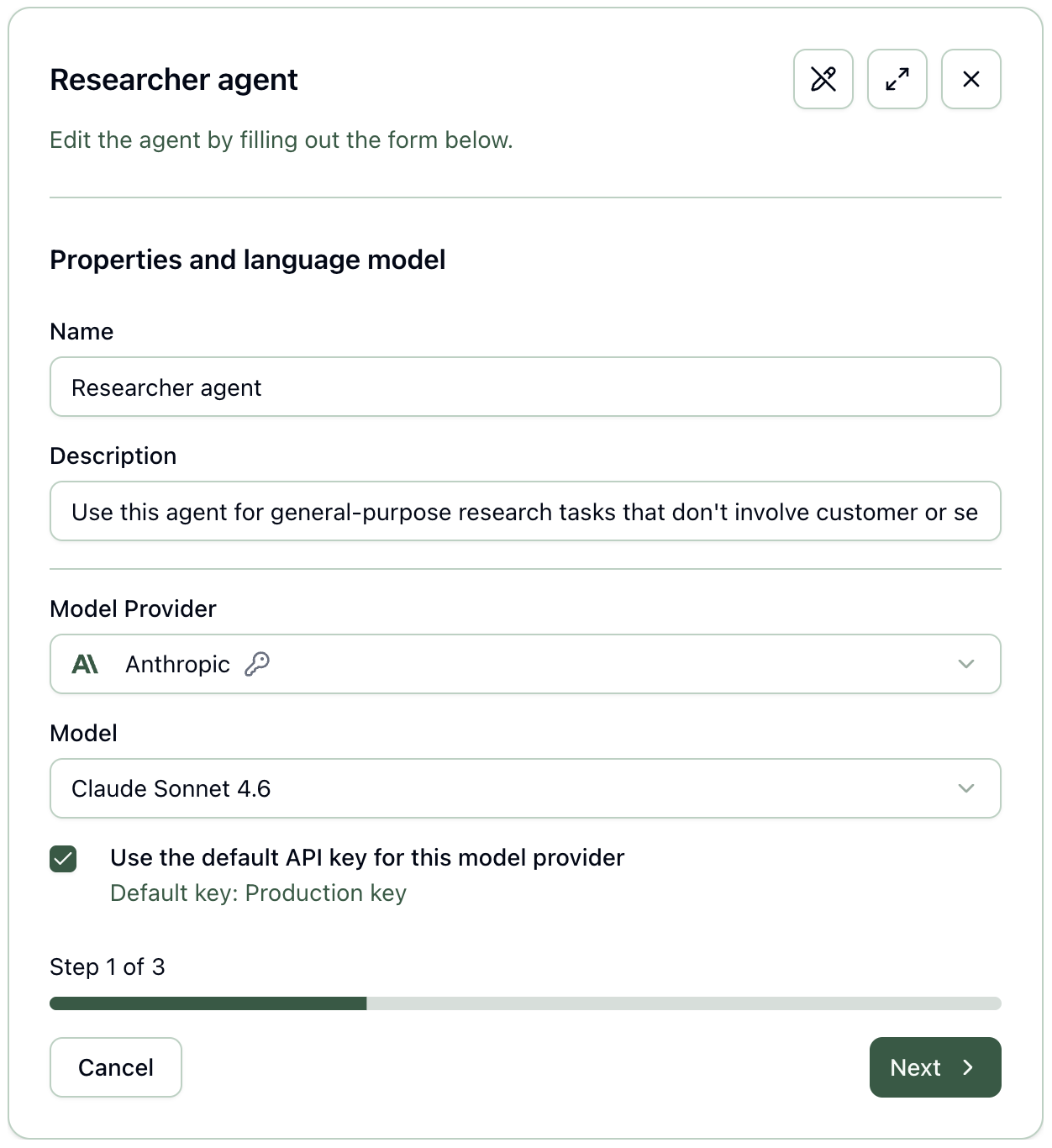 Runtite agent creation form with name, description, model provider, and step 1 of 3