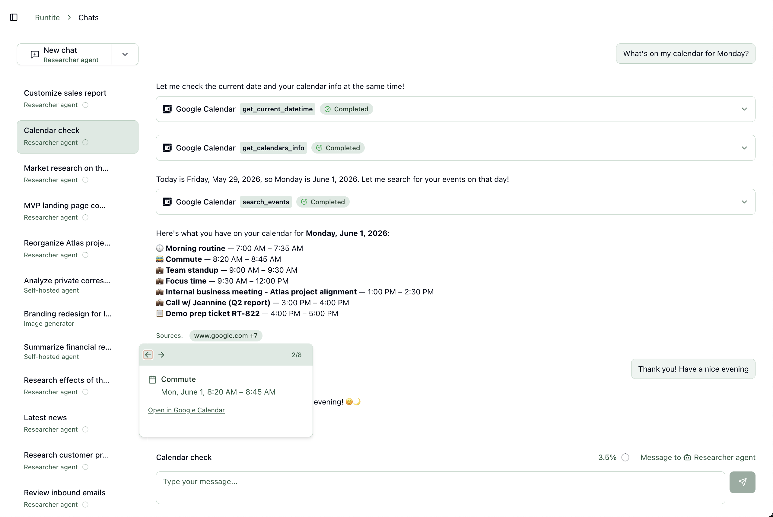 Runtite chat showing agent tool calls, calendar integration, and streaming conversation