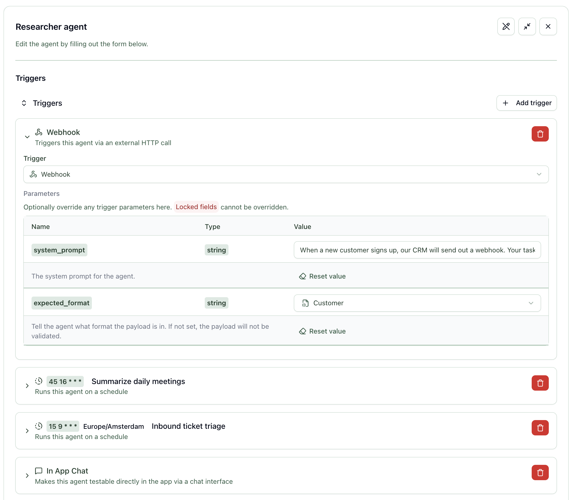 Runtite agent triggers configuration with webhook, scheduled jobs, and in-app chat